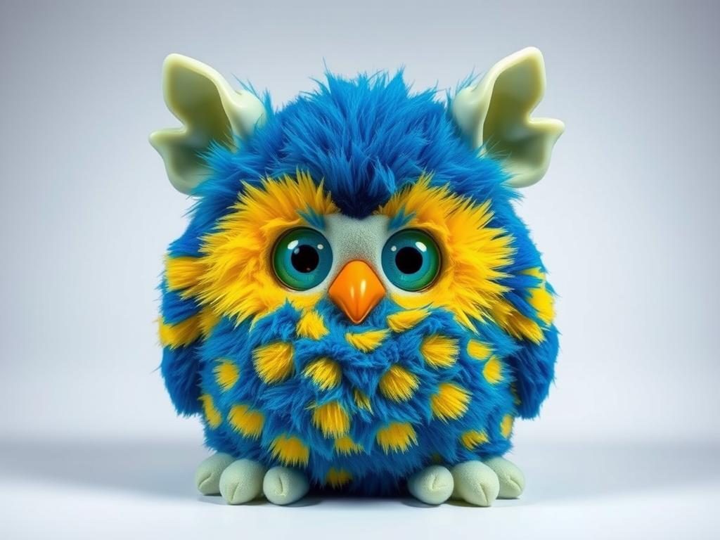The rare Kid Cuisine Furby with its distinctive blue and yellow coloring
