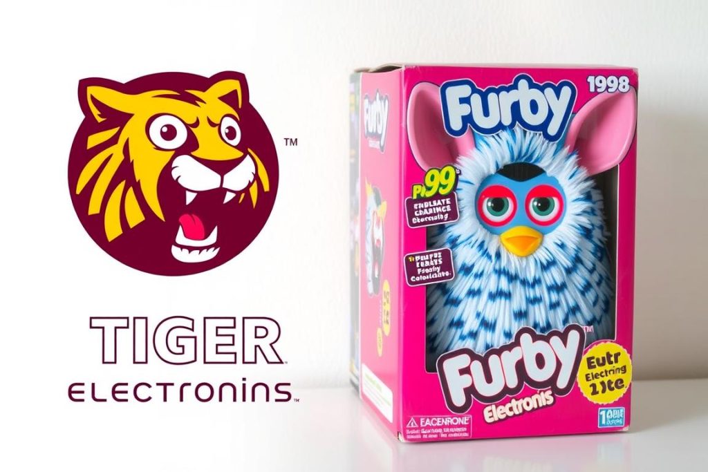 Tiger Electronics logo and original Furby packaging from 1998