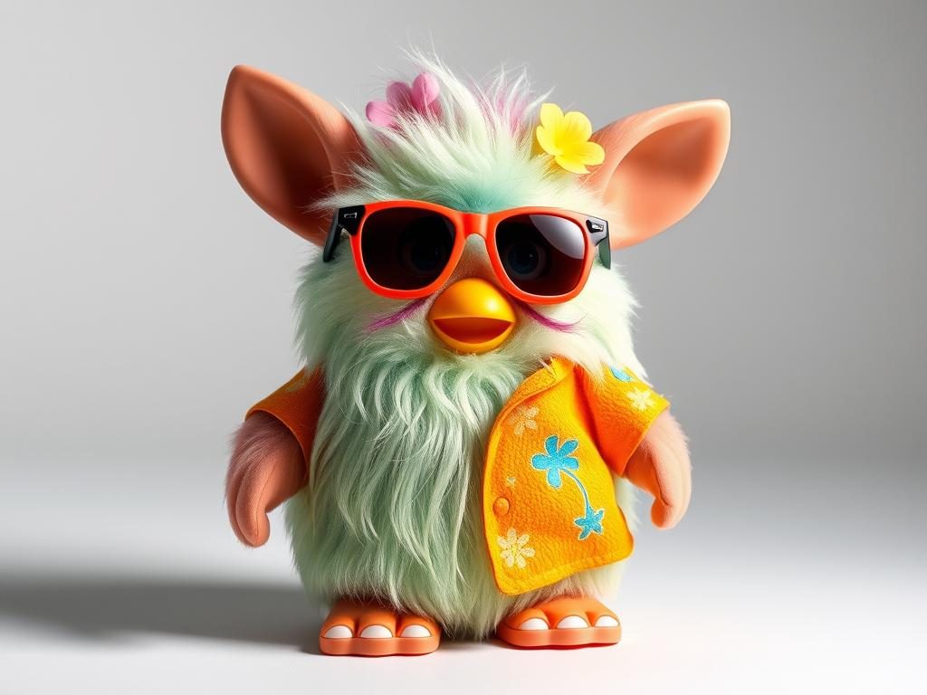 Tropical Furby wearing sunglasses and an aloha shirt