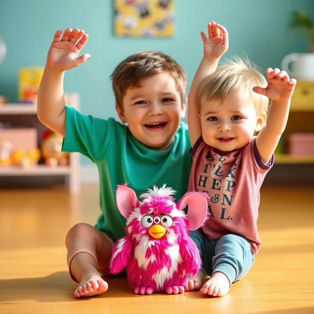Child and Furby doing simple stretching exercises together