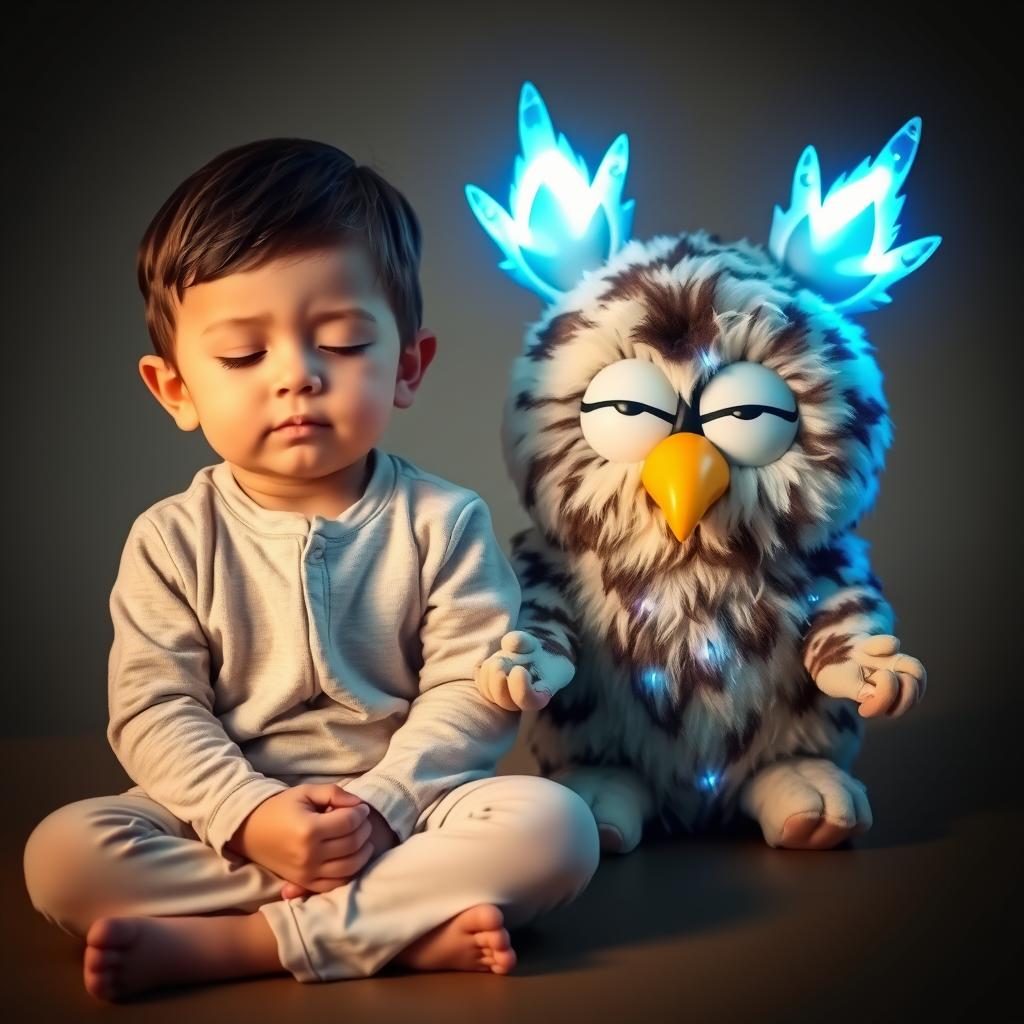 Child following Furby's meditation instructions with deep breathing