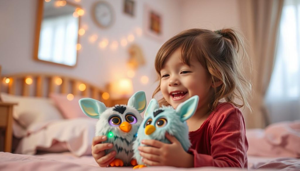 Child happily playing with Furby using various commands
