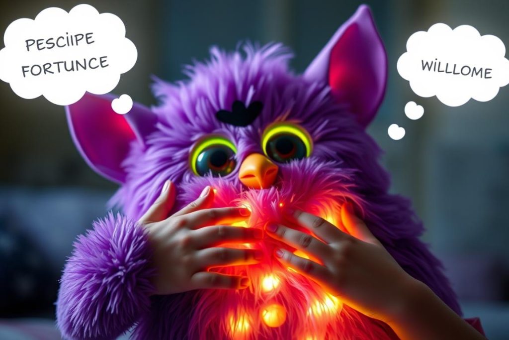 Child rubbing Furby's belly to activate Crystal Furball predictions