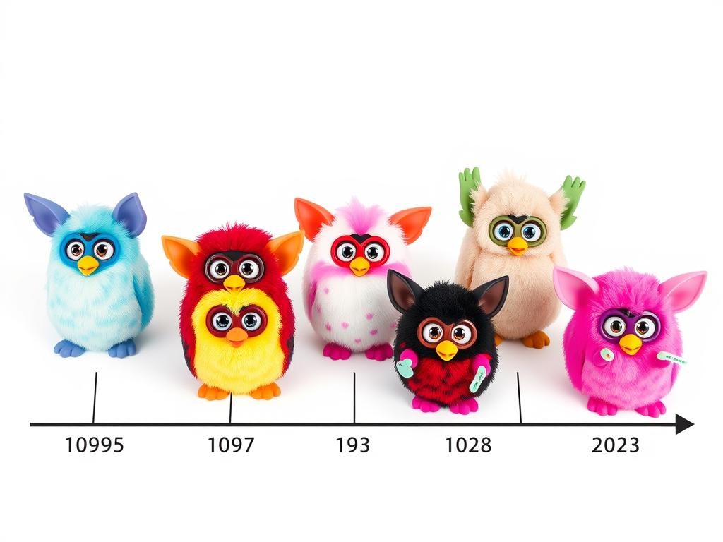 Evolution of Furby toys from 1998 to 2023 showing different Furby commands across generations