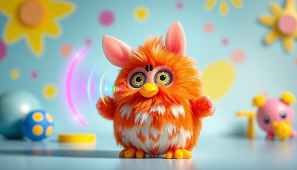Furby in Copycat mode with sound wave visualization showing voice effects