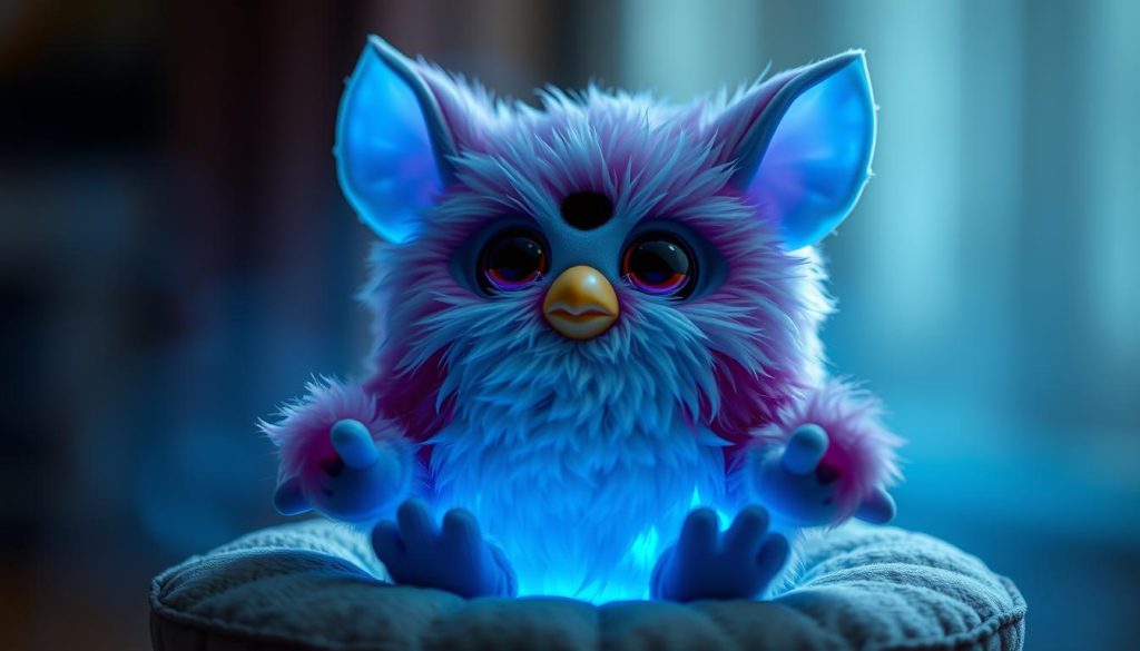 Furby in Let's Chill mode with calm blue lighting and peaceful expression