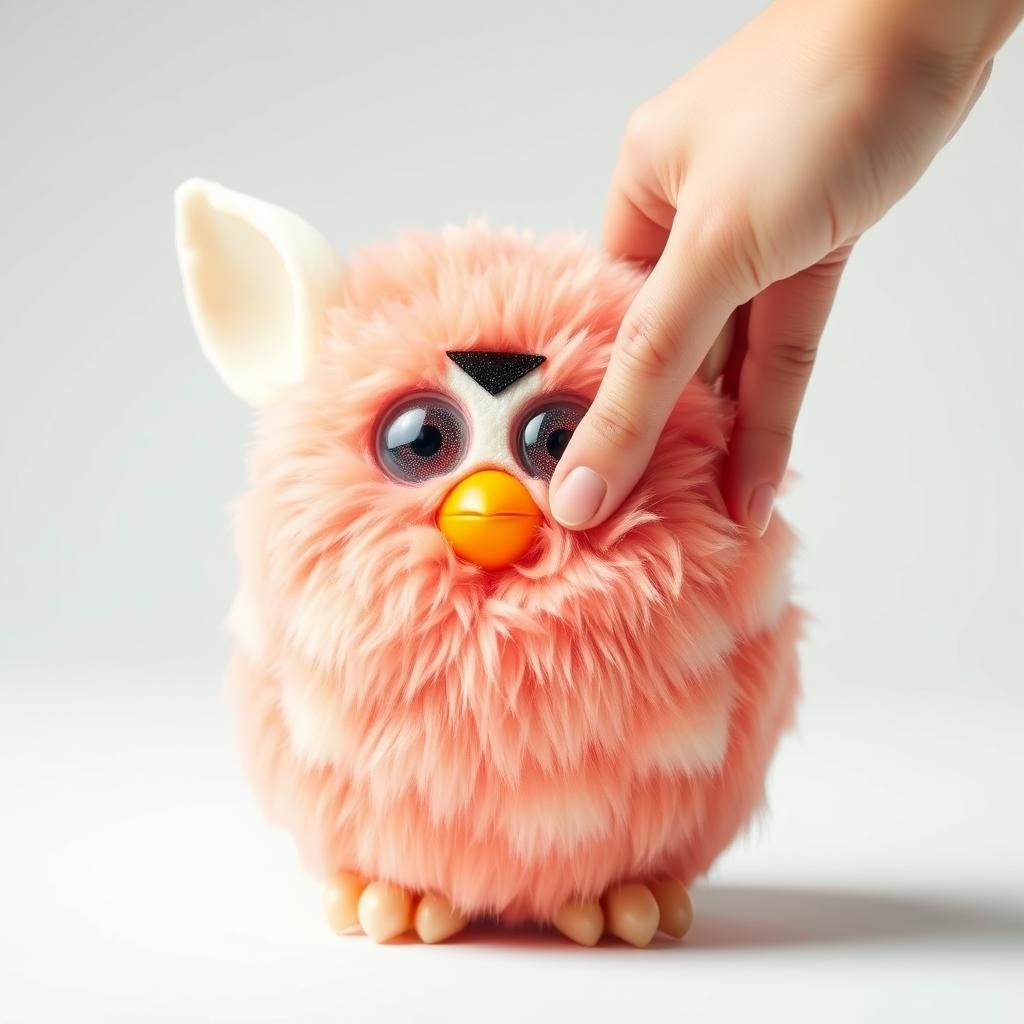 Hand petting a Furby to demonstrate touch-based Furby commands