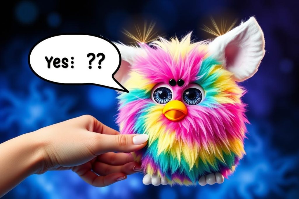 Person asking Furby a question and shaking it for Magic Furball response