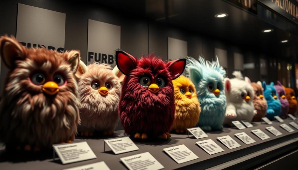 Rare Furby models in display case showing what are Furbies worth today at collector value