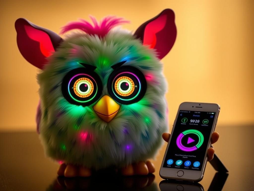 2012 Furby Boom with digital LCD eyes and app integration showing modern history of Furby