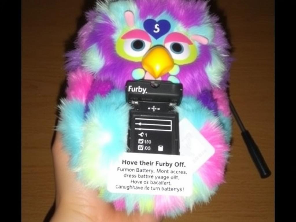 2012 Furby with battery compartment location highlighted showing how to turn furby off