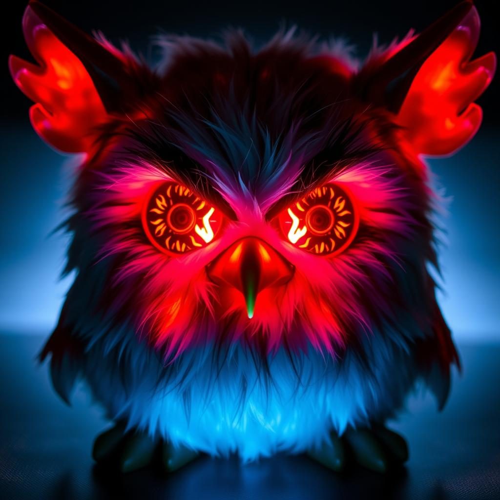 A 2012 Furby displaying its 'evil' personality with LED eyes showing angry patterns