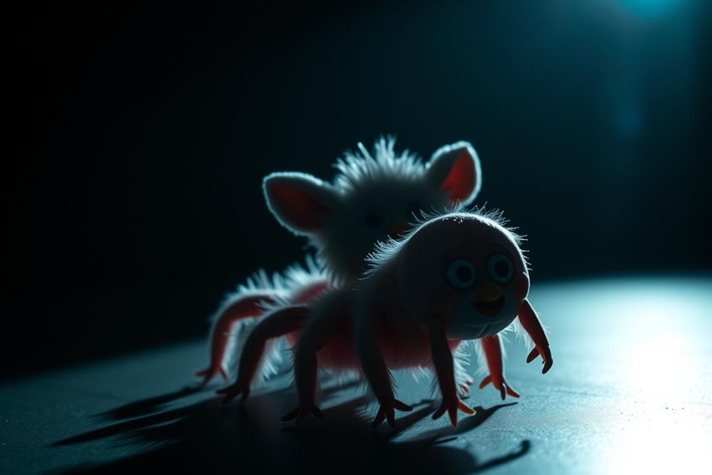 A Furby Centipede displayed in a dimly lit setting creating an uncanny valley effect