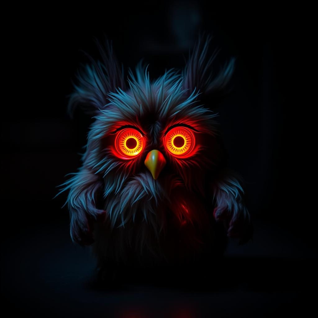 A Furby appearing to activate on its own in a dark room, exemplifying the furby creepy autonomous behavior