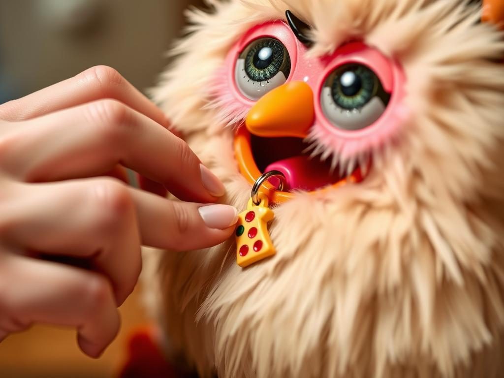 A Furby being fed with the pizza charm accessory