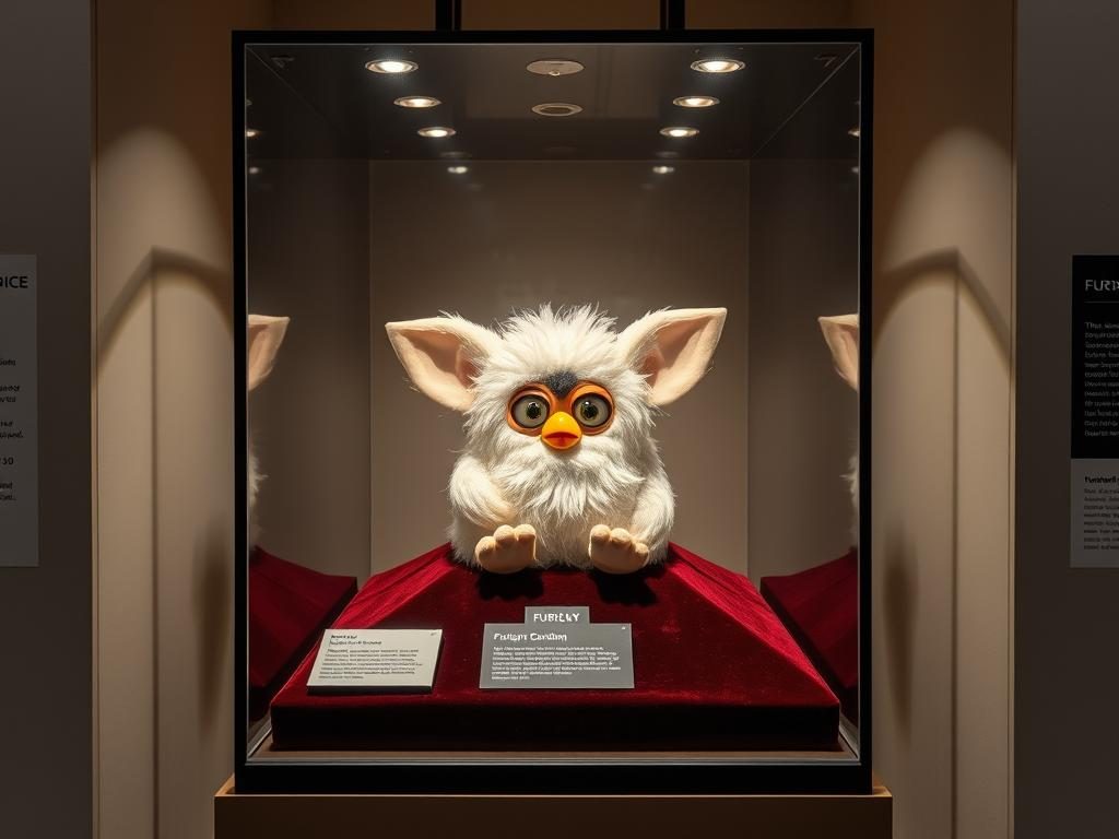 A Furby displayed in a protective glass case like a museum exhibit of a haunted object