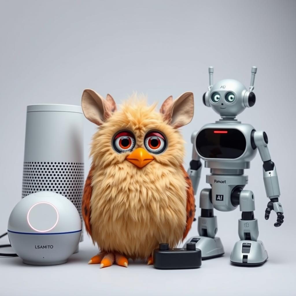 A Furby next to modern AI devices, illustrating early anxieties about artificial intelligence