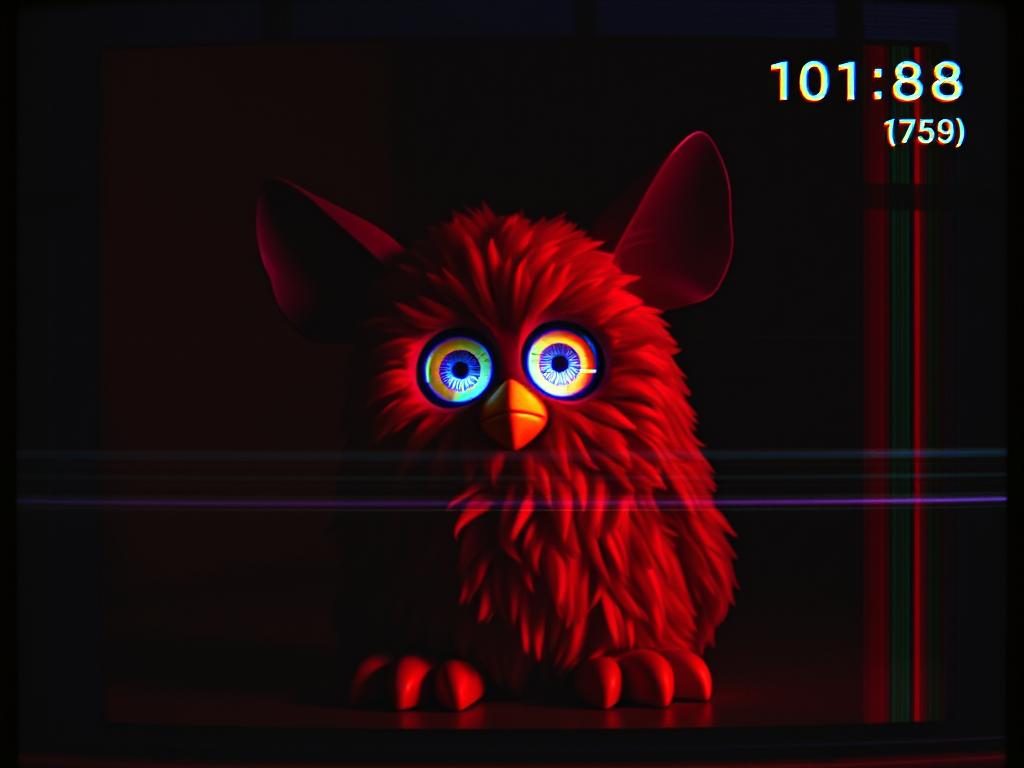 A Furby photographed in VHS-style analog horror aesthetic with distortion effects