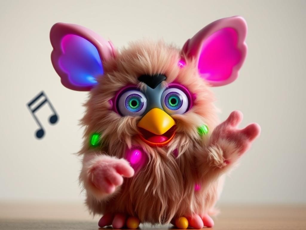 A Furby reacting to music with dance moves and glowing ears