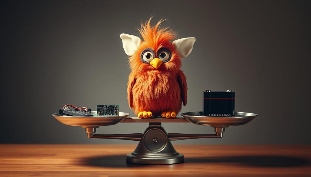 A Furby sitting on a scale of justice, balancing supernatural explanations against technical facts