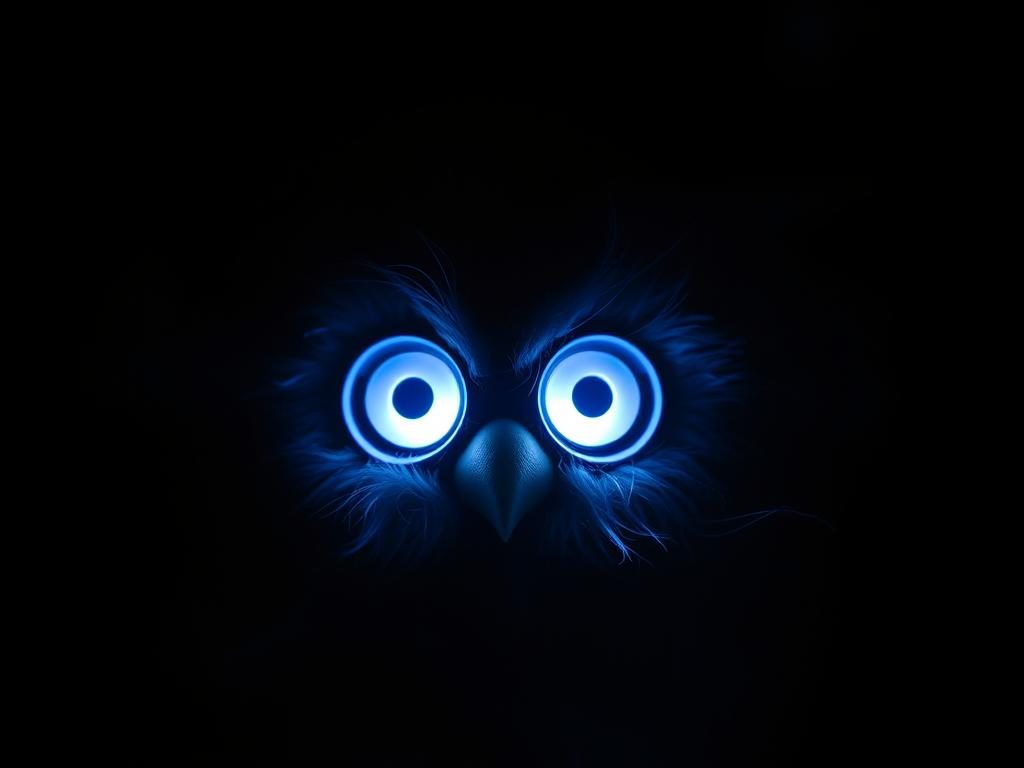 A Furby toy in darkness with only its glowing eyes visible, creating an are furbies haunted atmosphere