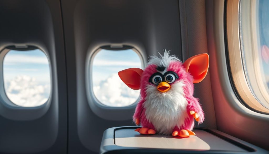 A Furby toy next to an airplane window, illustrating the airline ban concerns