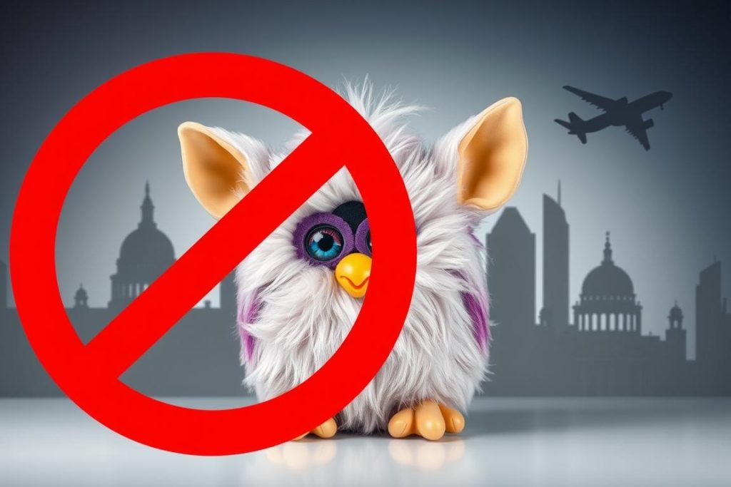 A Furby toy with a 'no entry' symbol, representing the various places where Furbies were banned