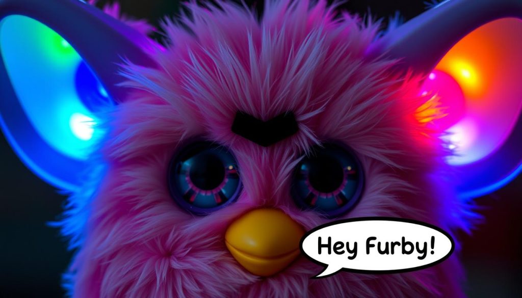 A Furby with glowing ears indicating it's listening to voice commands