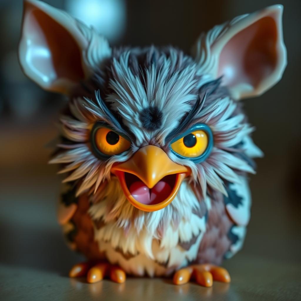 A Furby with its beak open, appearing to speak, highlighting the unsettling language features
