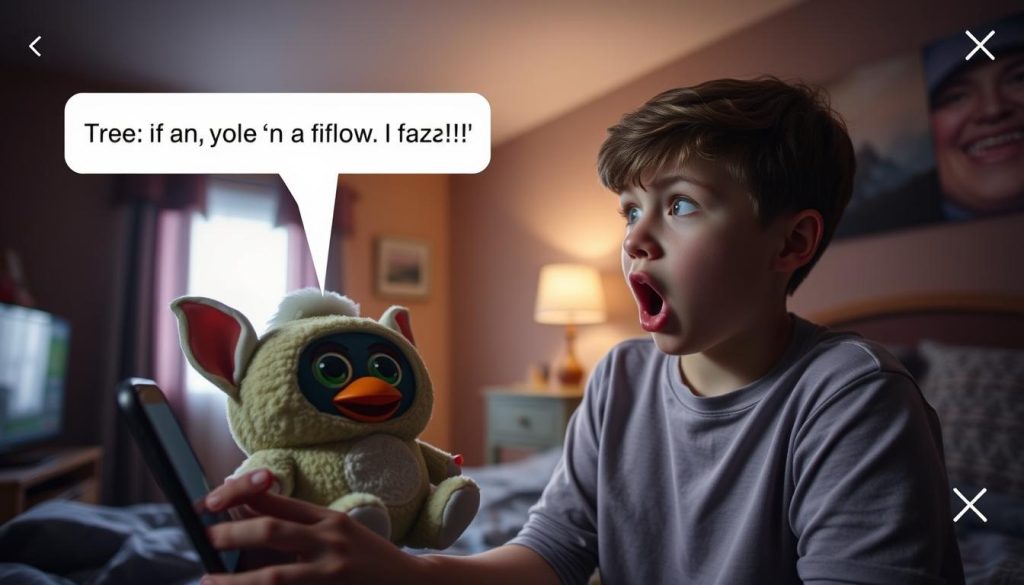 A Gen Z TikToker reacting to a vintage Furby activation in a dimly lit room