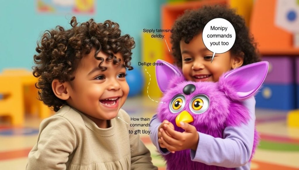 A child demonstrating advanced Furby interaction techniques