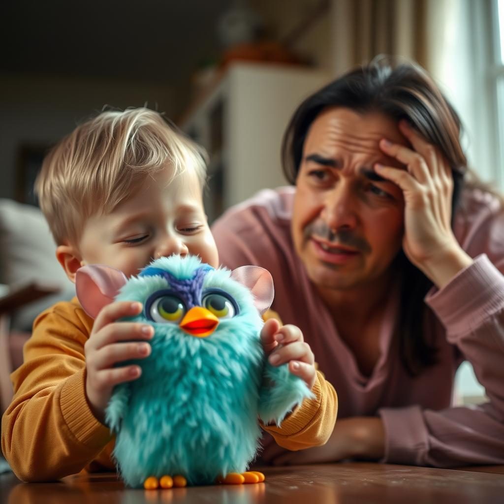 A child playing with a Furby while an adult looks concerned, showing the generational divide in reactions to the furby creepy phenomenon