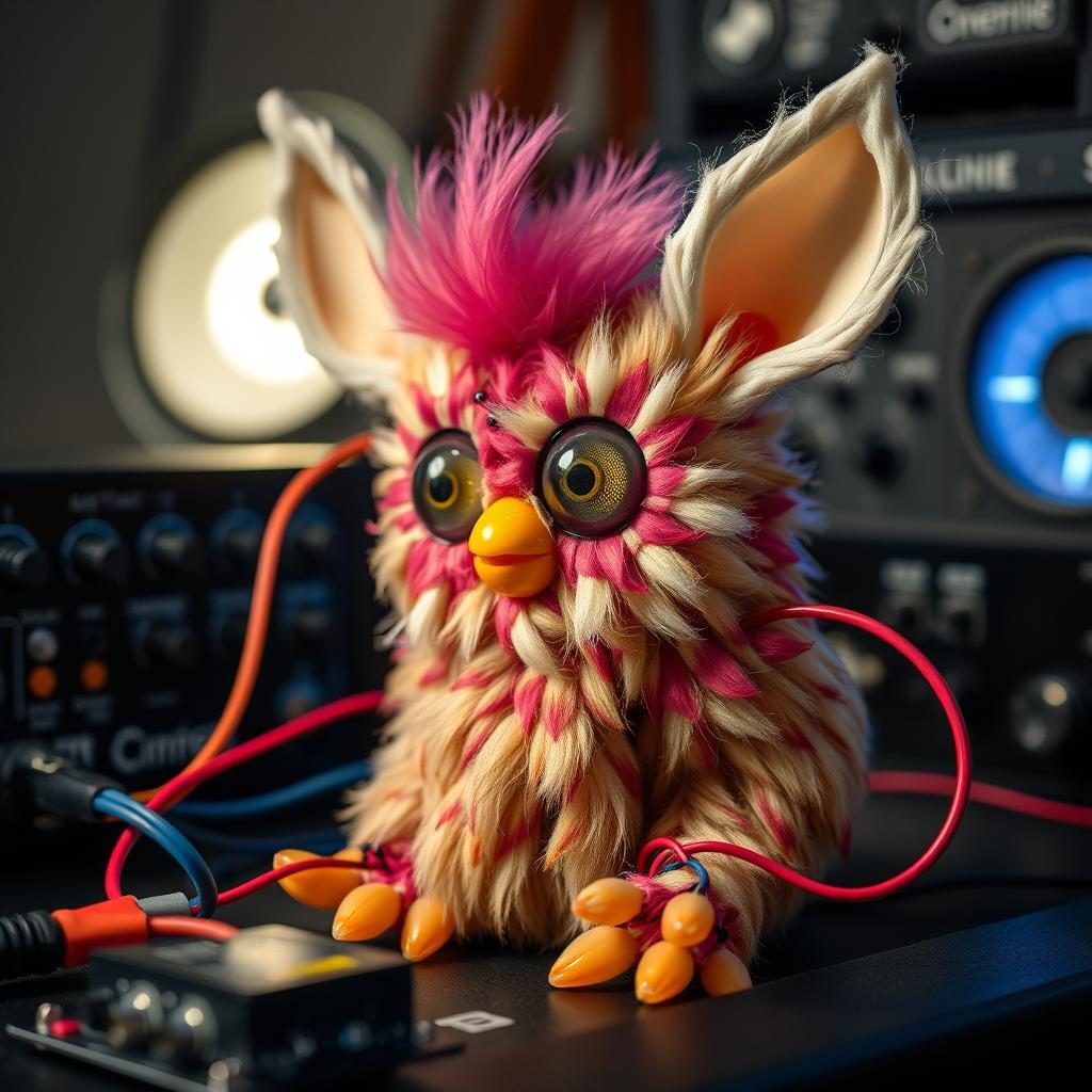 A circuit-bent furby without fur connected to audio equipment