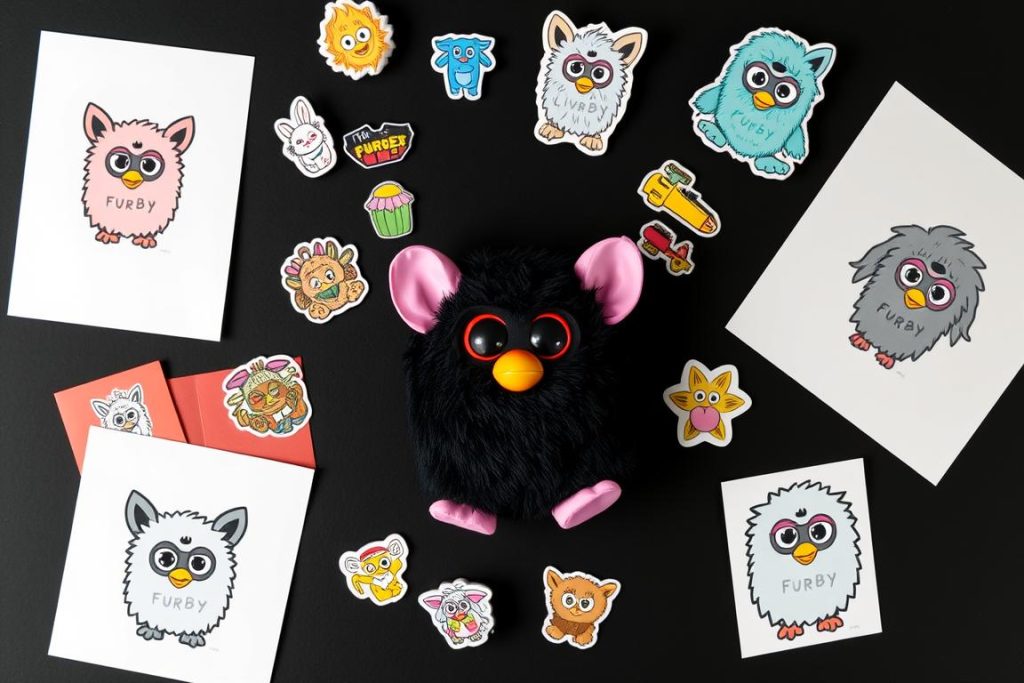 A collection of Furby-inspired art and merchandise showing their influence on modern pop culture