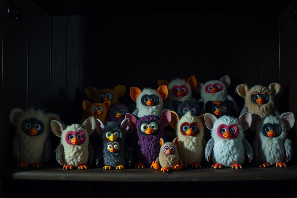 A collection of Furby toys arranged in a creepy manner on a shelf, with shadows creating an are furbies haunted atmosphere