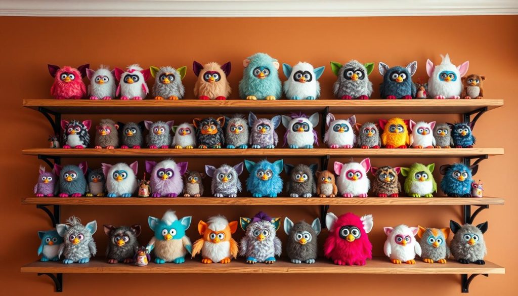 A collection of Furby toys from different eras displayed as collectibles