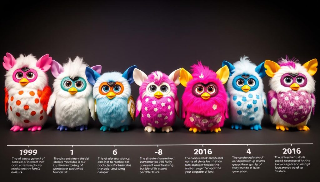 A collection of different Furby models from 1998 to 2016, showing their evolution and increasingly electronic features