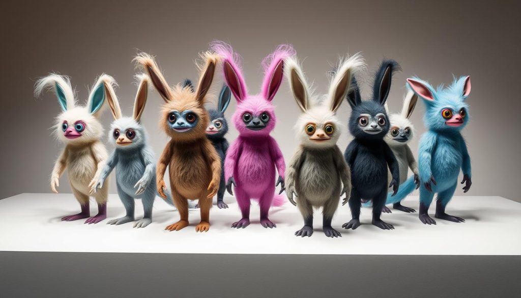 A collection of modified 'Long Furbies' created by artists to deliberately enhance the furby creepy aesthetic