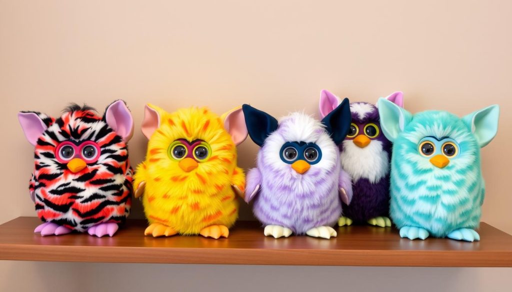 A collection of valuable 1998 Furbies showing different color variants that affect their worth
