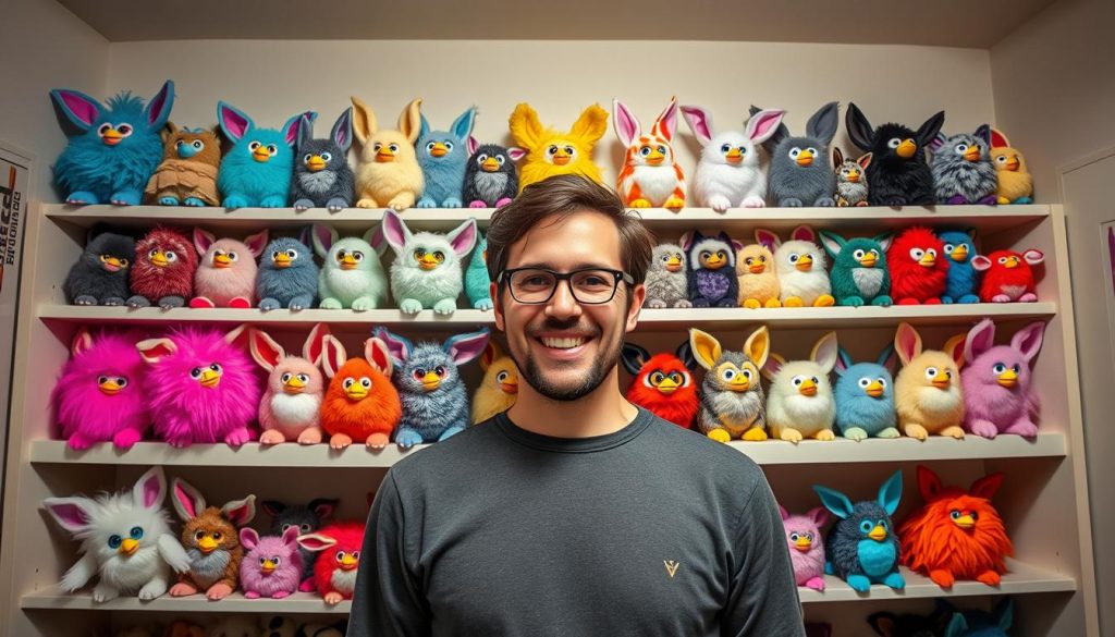 A collector displaying their valuable 1998 Furby worth collection showing market demand
