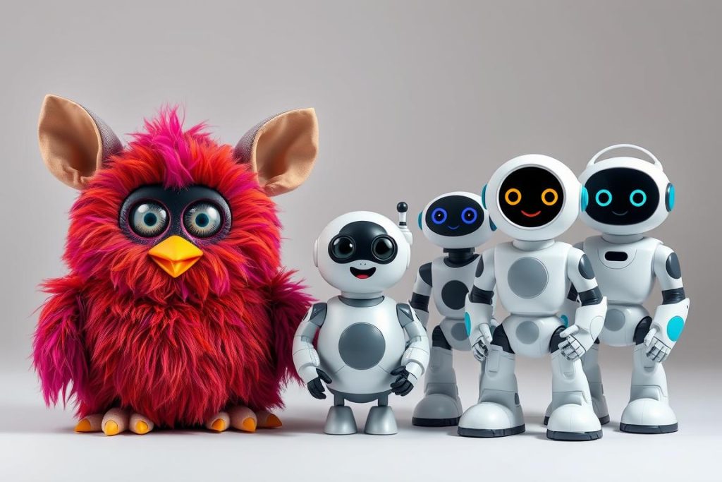 A comparison between a vintage Furby and modern AI companion robots, showing the evolution of interactive toy technology