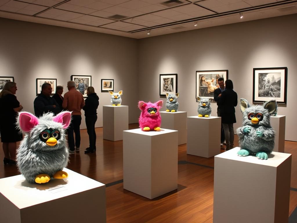 A cursed Furby art installation in a gallery setting showing the cultural impact