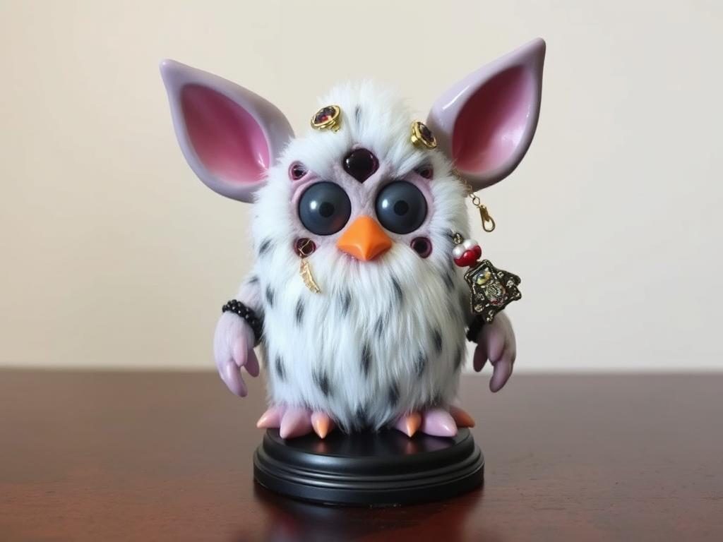 A finished cursed Furby modification with accessories and display