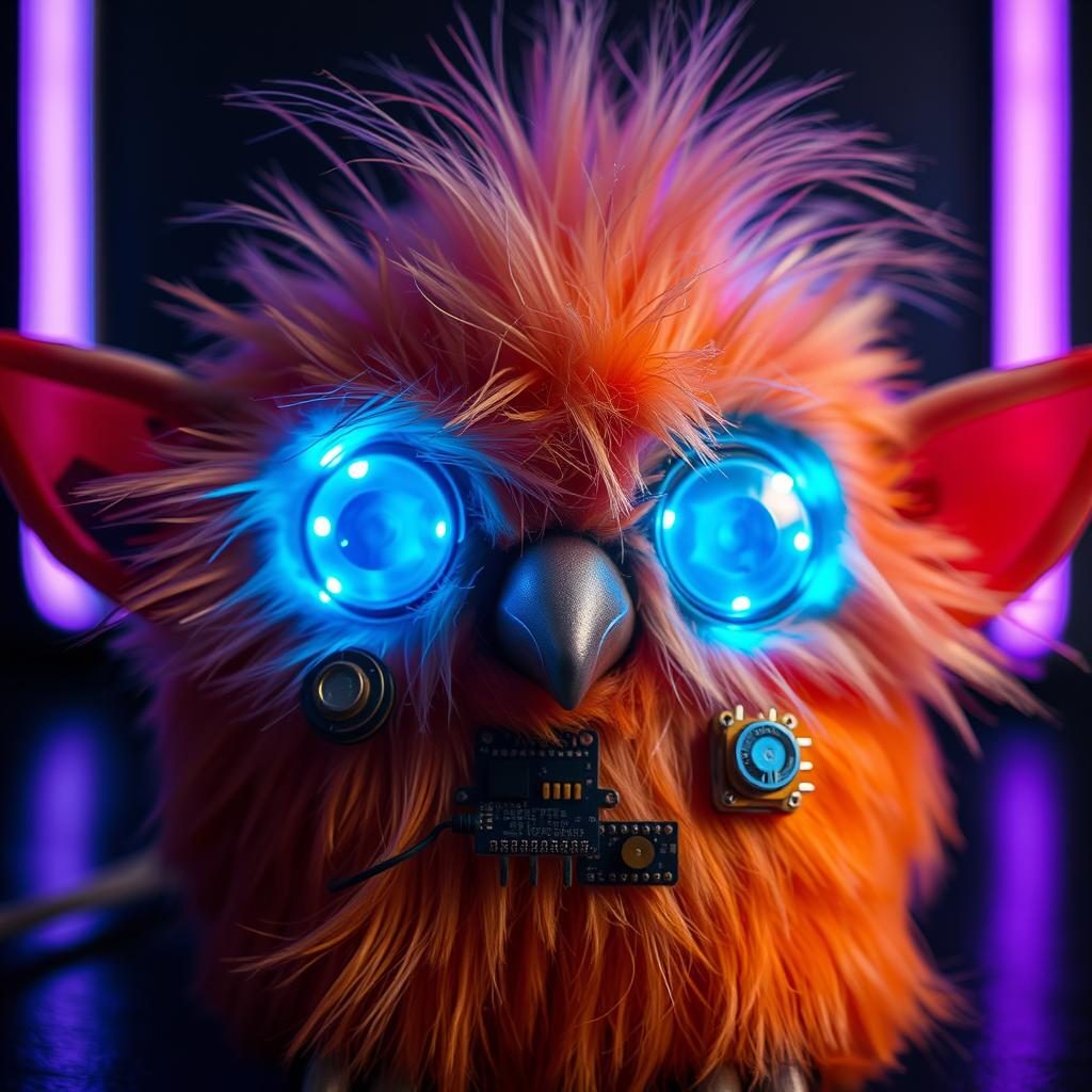 A furby without fur modified with LED lights and metallic accents in cyberpunk style