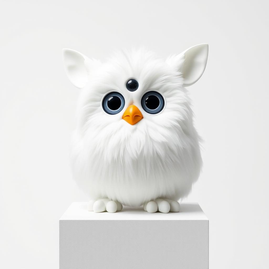 A furby without fur painted in solid white as a minimalist art piece