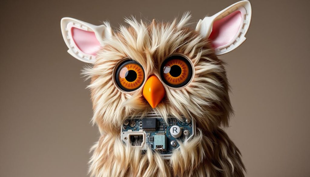 A furby without fur showing its internal mechanical structure