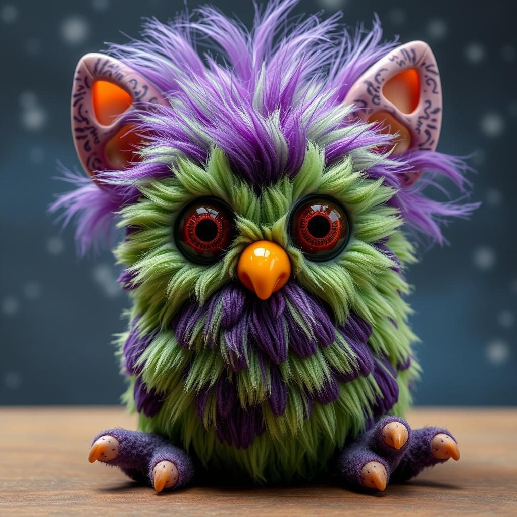 A furby without fur transformed into an alien-like creature with textured skin