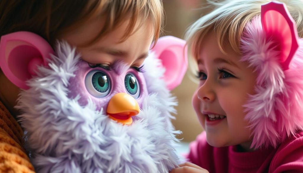 A happy child and their Furby having a special moment together