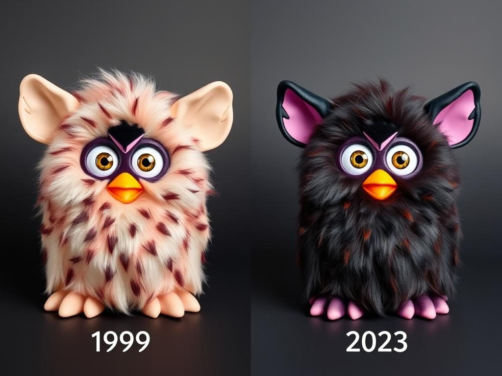 A modern 2023 Furby model compared to the original 1998 version that was banned