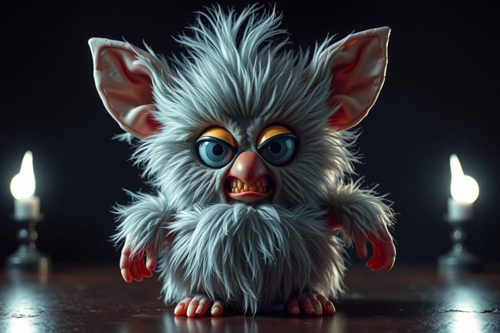 A modified 'cursed' Furby creation with exaggerated features that exemplifies the horror art trend
